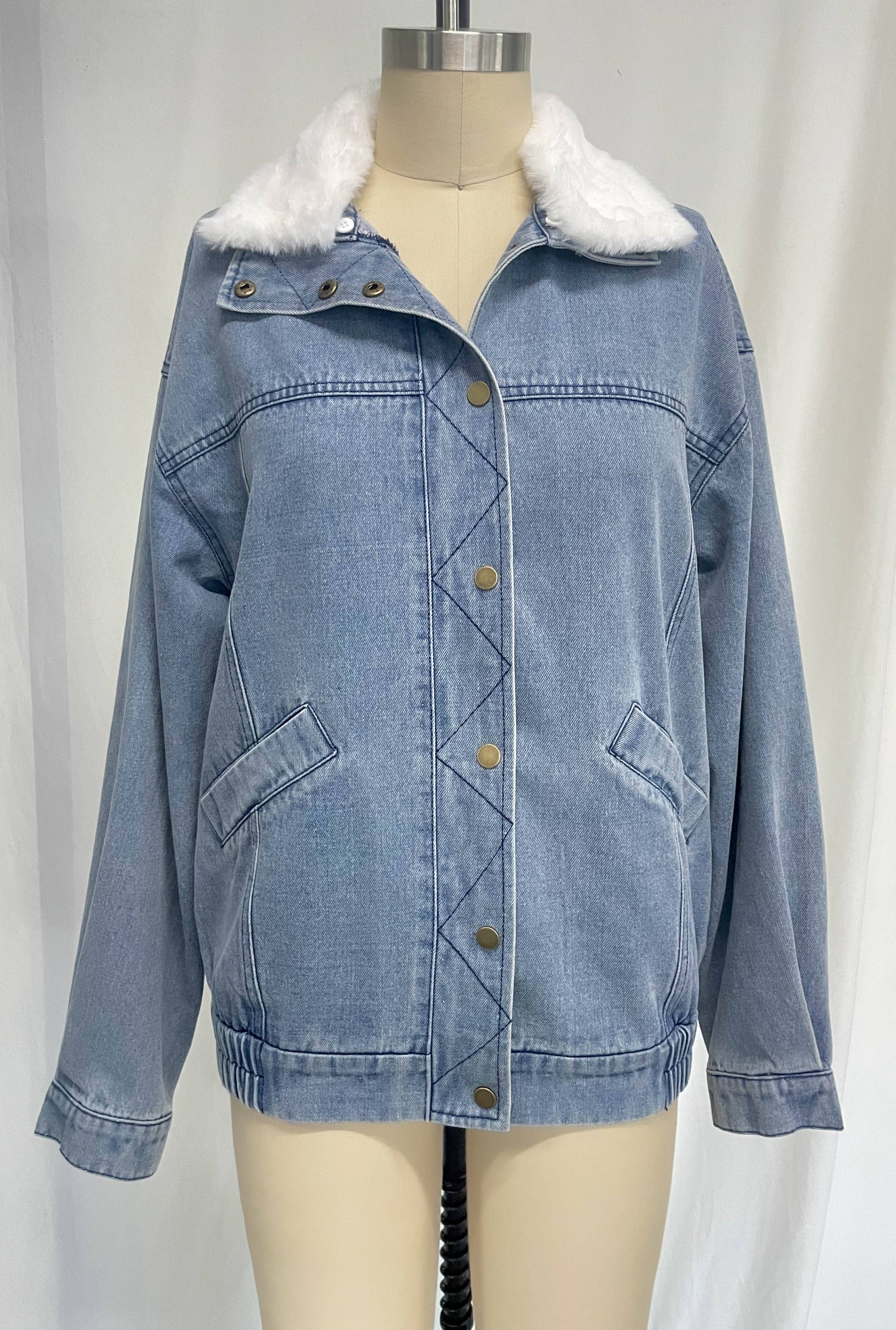 Ladies Fall Winter Jacket Denim Cotton Loose Fur Collar Large Collared Double Pocket Polo Line Coat    