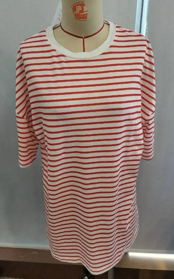 Red and White Striped Loose Fit Vacation T-shirt for Women    