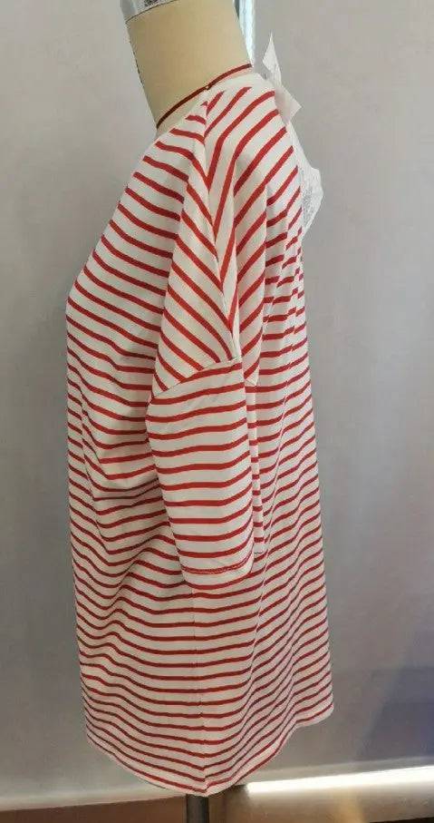 Red and White Striped Loose Fit Vacation T-shirt for Women    