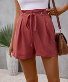 Women's High Rise Belted Polyester Shorts with Solid Color Pattern    