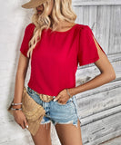 Red Short-Sleeved Polyester Blouse for Elegant Summer Wear    