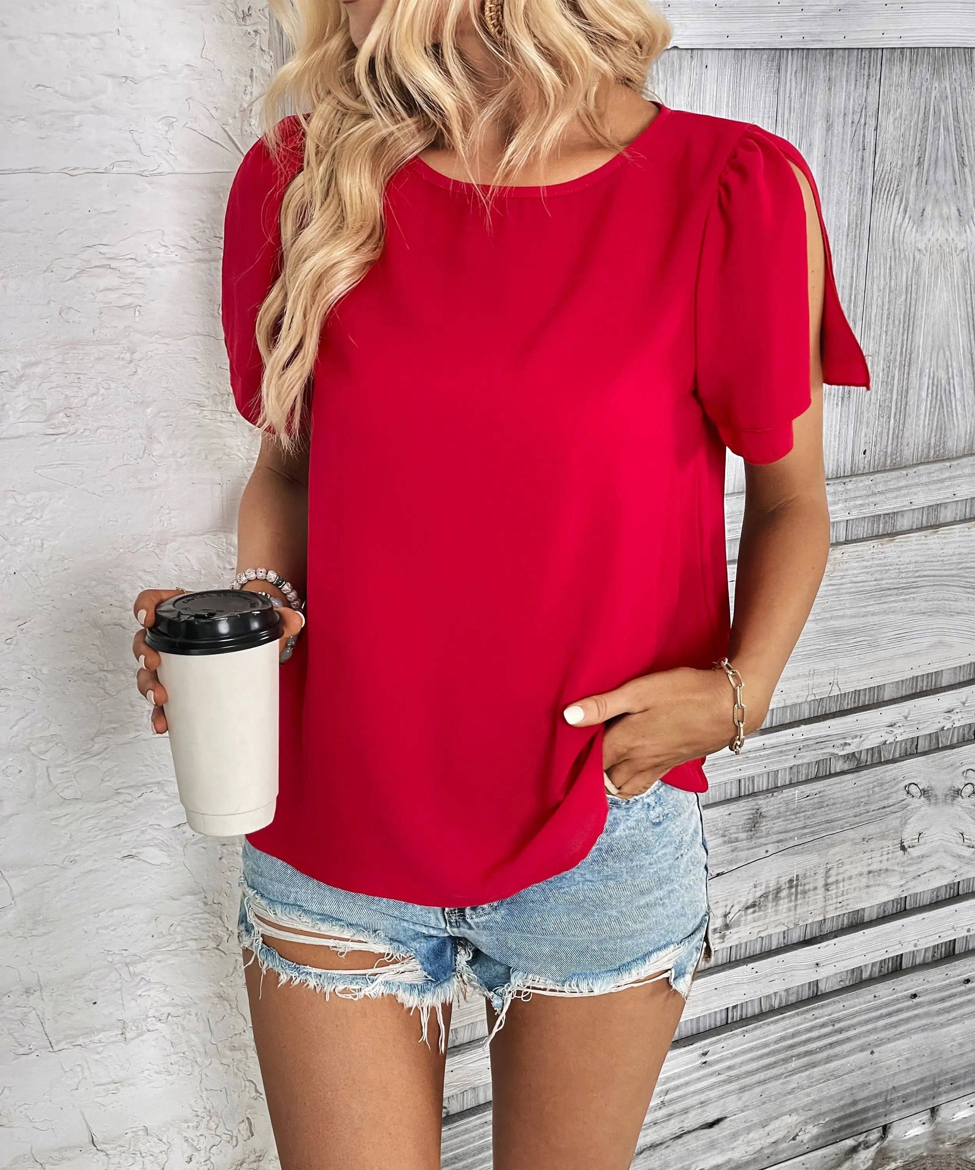 Red Short-Sleeved Polyester Blouse for Elegant Summer Wear    