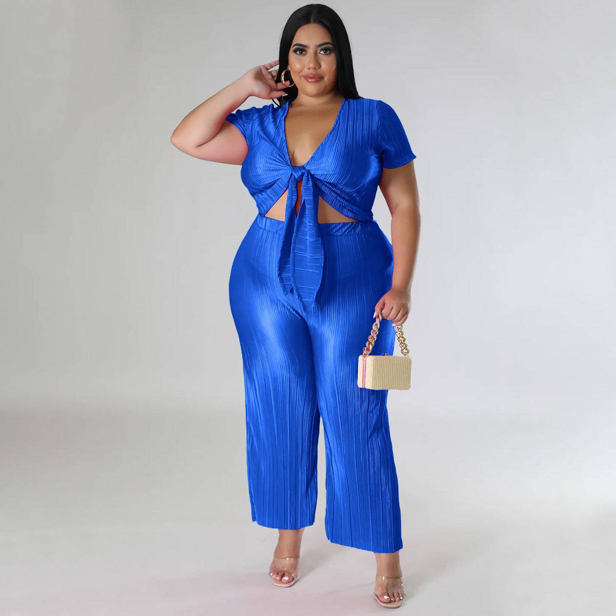 Pleated Wide Leg Pants and Tied Top Two-Piece Set for Plus Size Women    