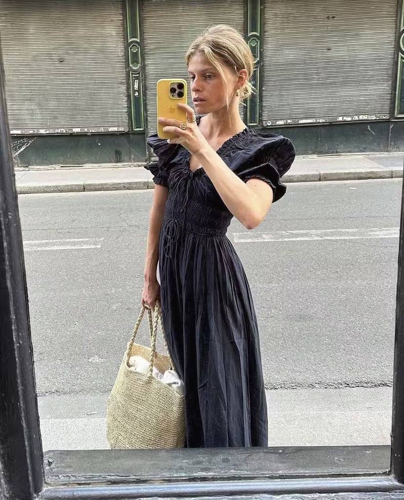 French Summer Maxi Dress with V-Neck and Puff Sleeves    