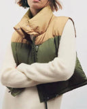 Winter Women's Loose Fit Cotton Color Block Down Vest with Hidden Hat    