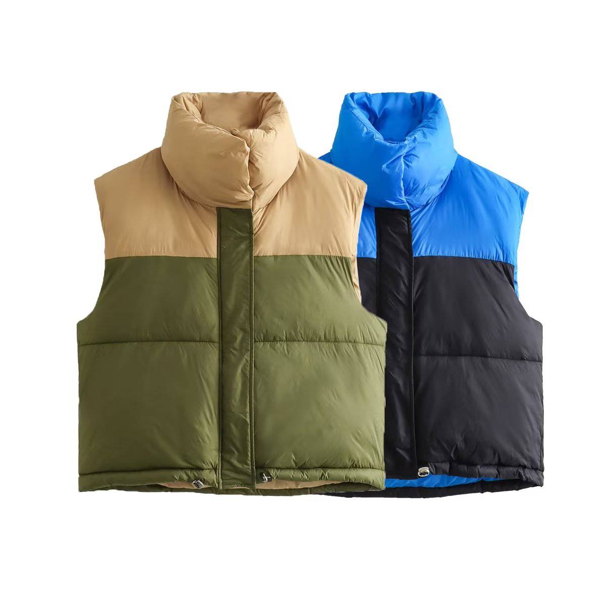 Winter Women's Loose Fit Cotton Color Block Down Vest with Hidden Hat    