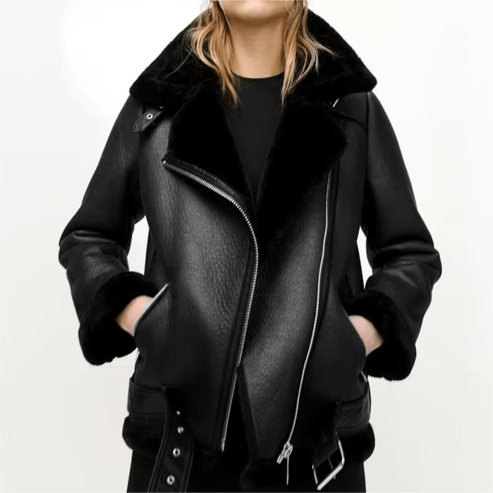 Fashionable Motorcycle Faux Shearling-Lined Leather Coat with Oblique Zipper    