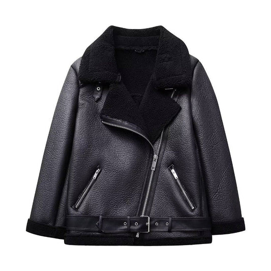 Fashionable Motorcycle Faux Shearling-Lined Leather Coat with Oblique Zipper    