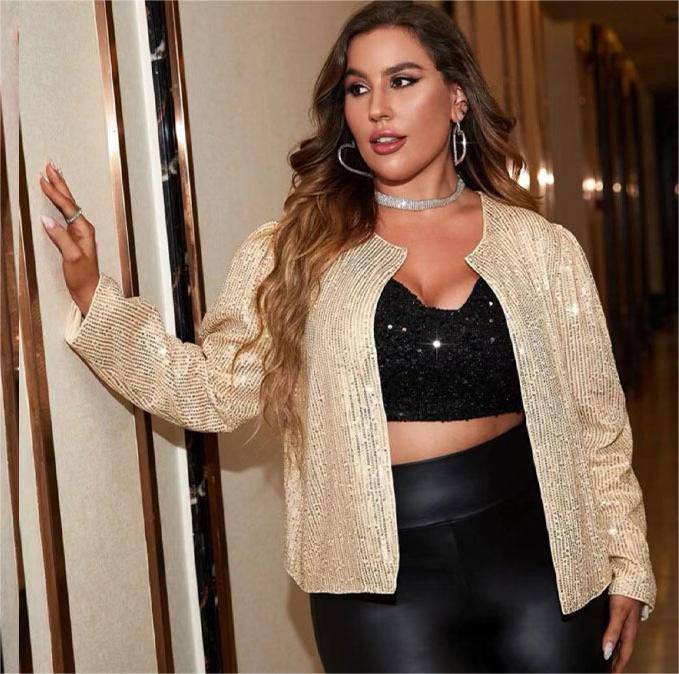 Sequined Long Sleeve Jacket for Plus Size Women - Spring Fashion    