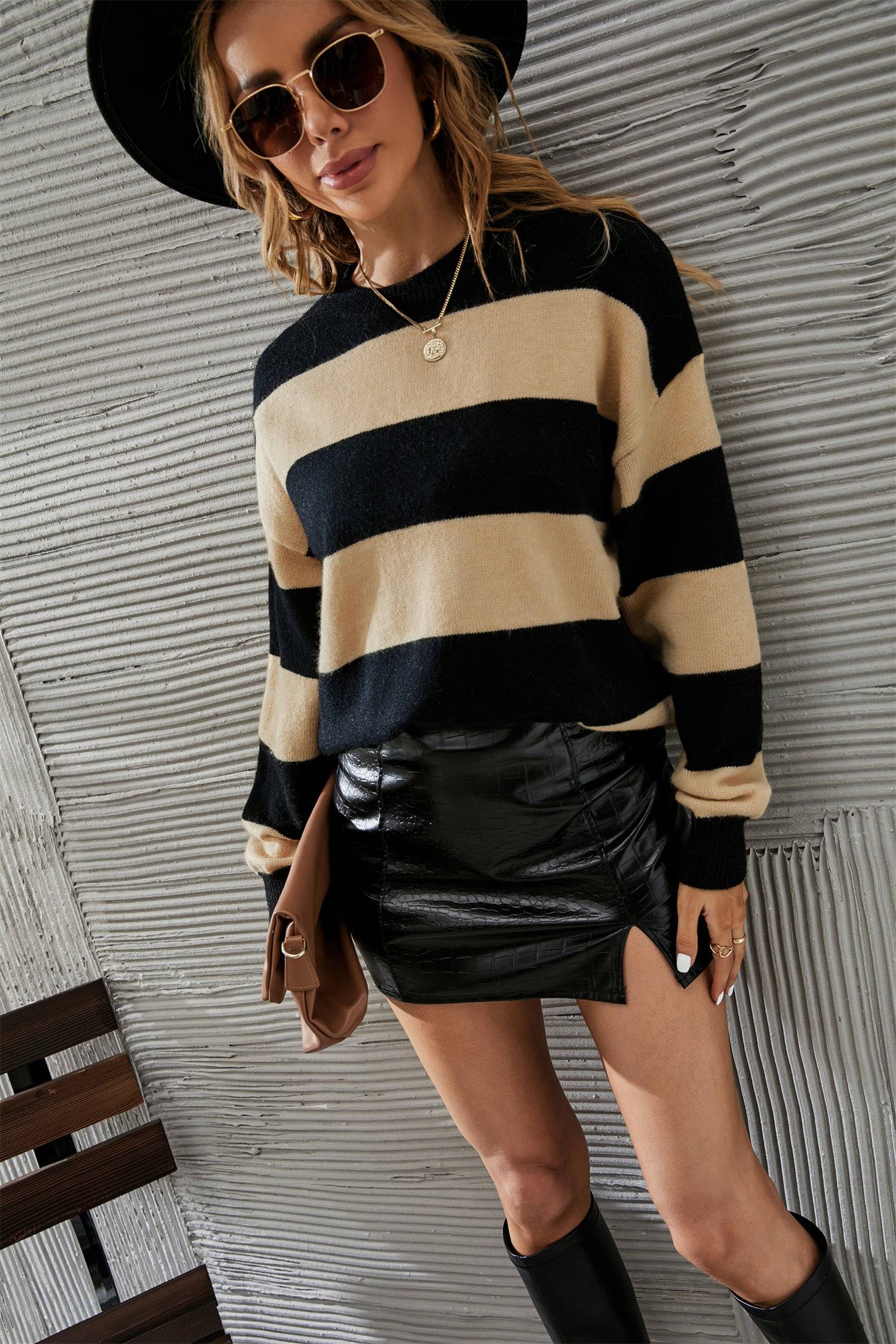 Striped Winter Knitwear Sweater for Women - Plus Size Slimming Pullover    