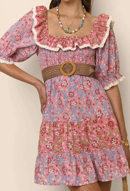 Floral Print Ruffled Summer Dress with Puff Sleeves for Women    