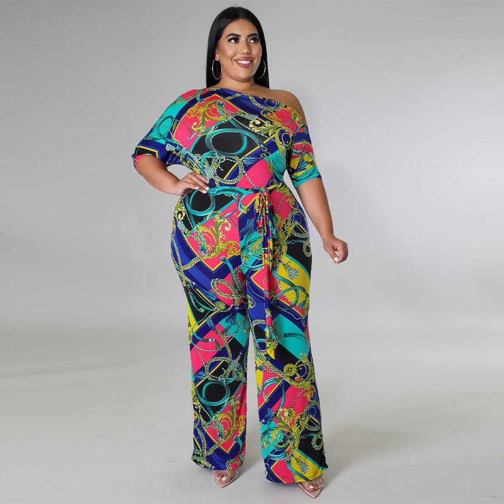 Sophisticated Baroque Printed Plus Size Jumpsuit Trousers for Women    