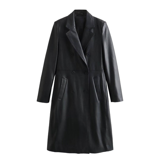 Fashionable Loose Fit Faux Leather Mid Length Coat for Women    