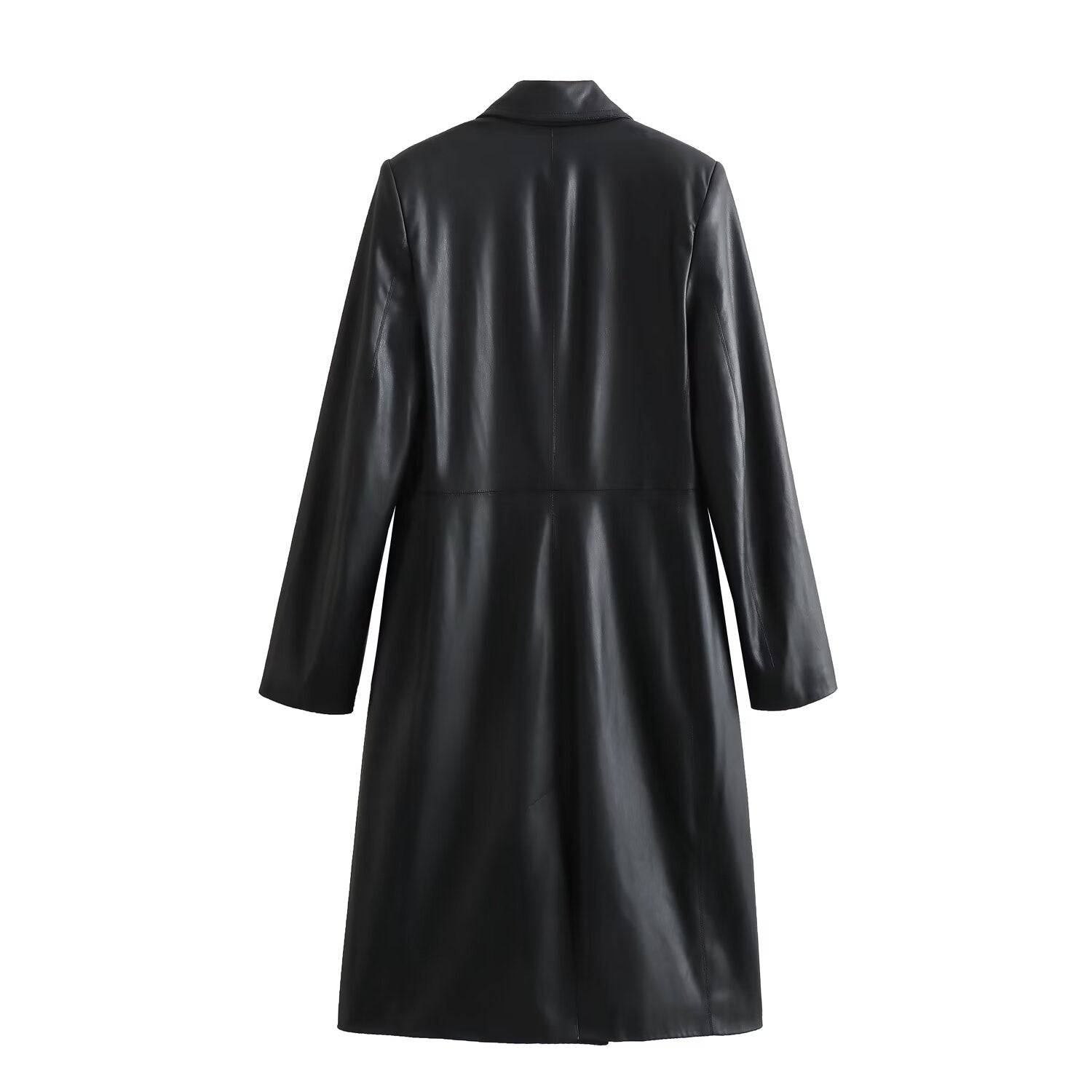 Fashionable Loose Fit Faux Leather Mid Length Coat for Women    