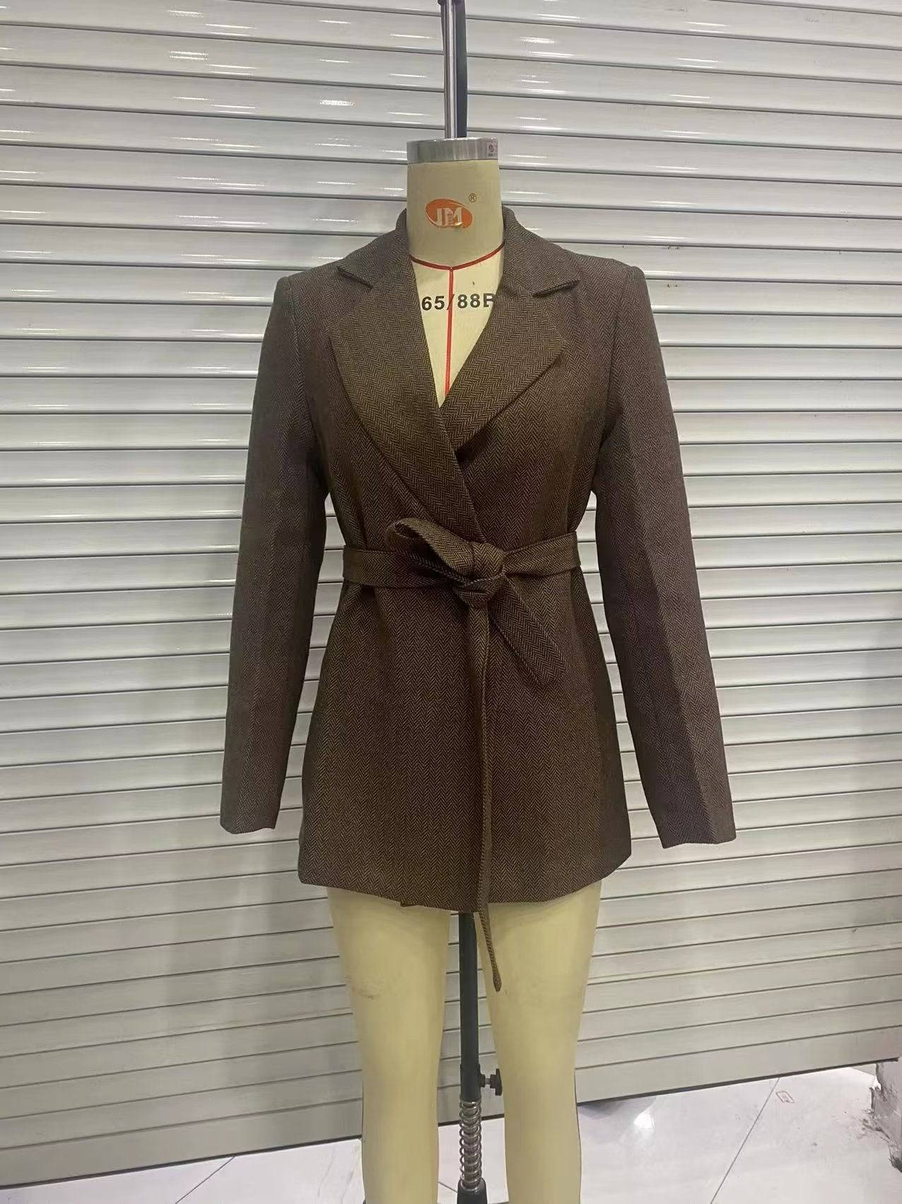 Retro Herringbone Double Breasted Blazer with Belt for Fall Women's Clothing    