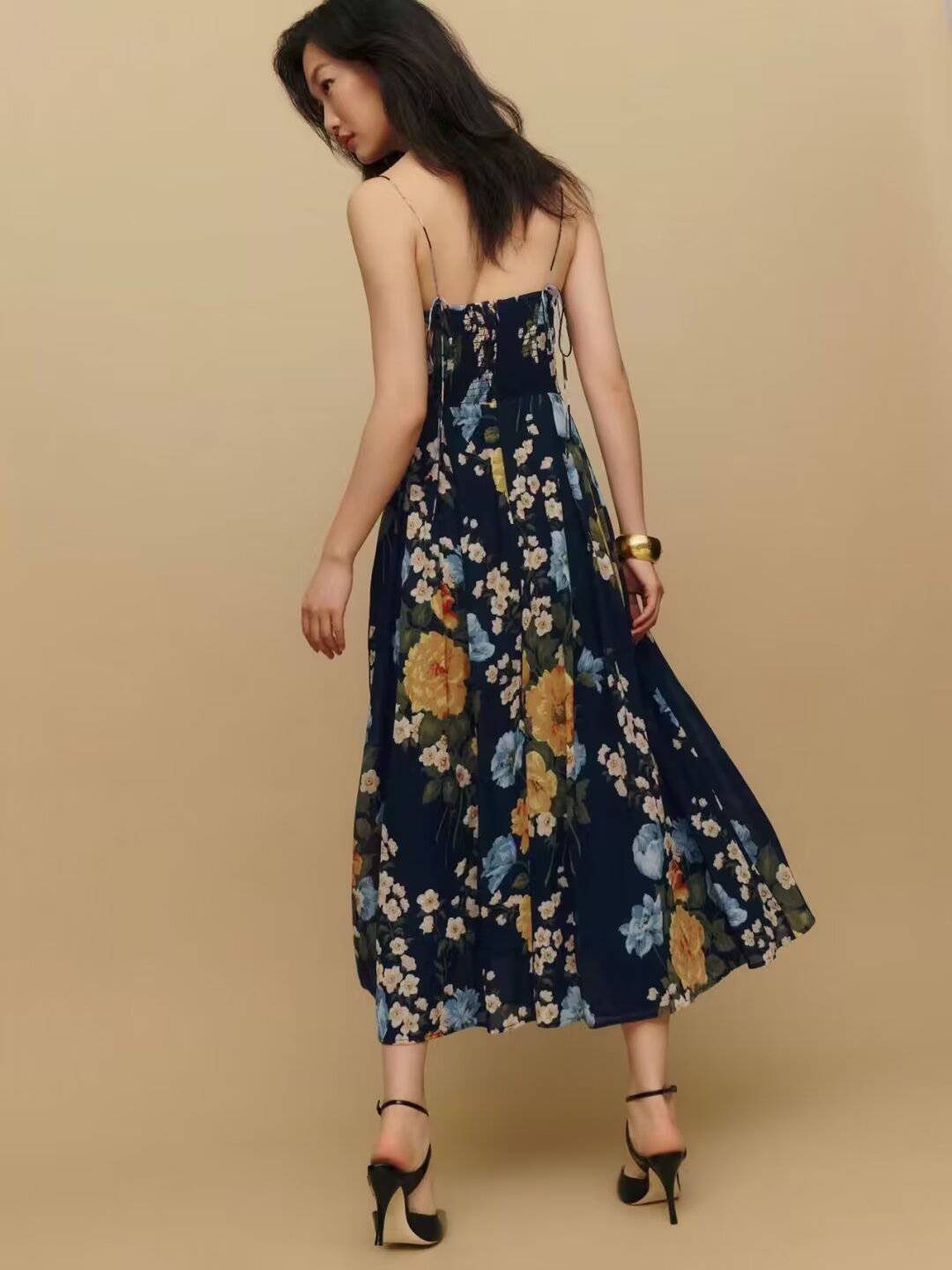 Floral Decoration Retro High Waist Midi Dress for Women    