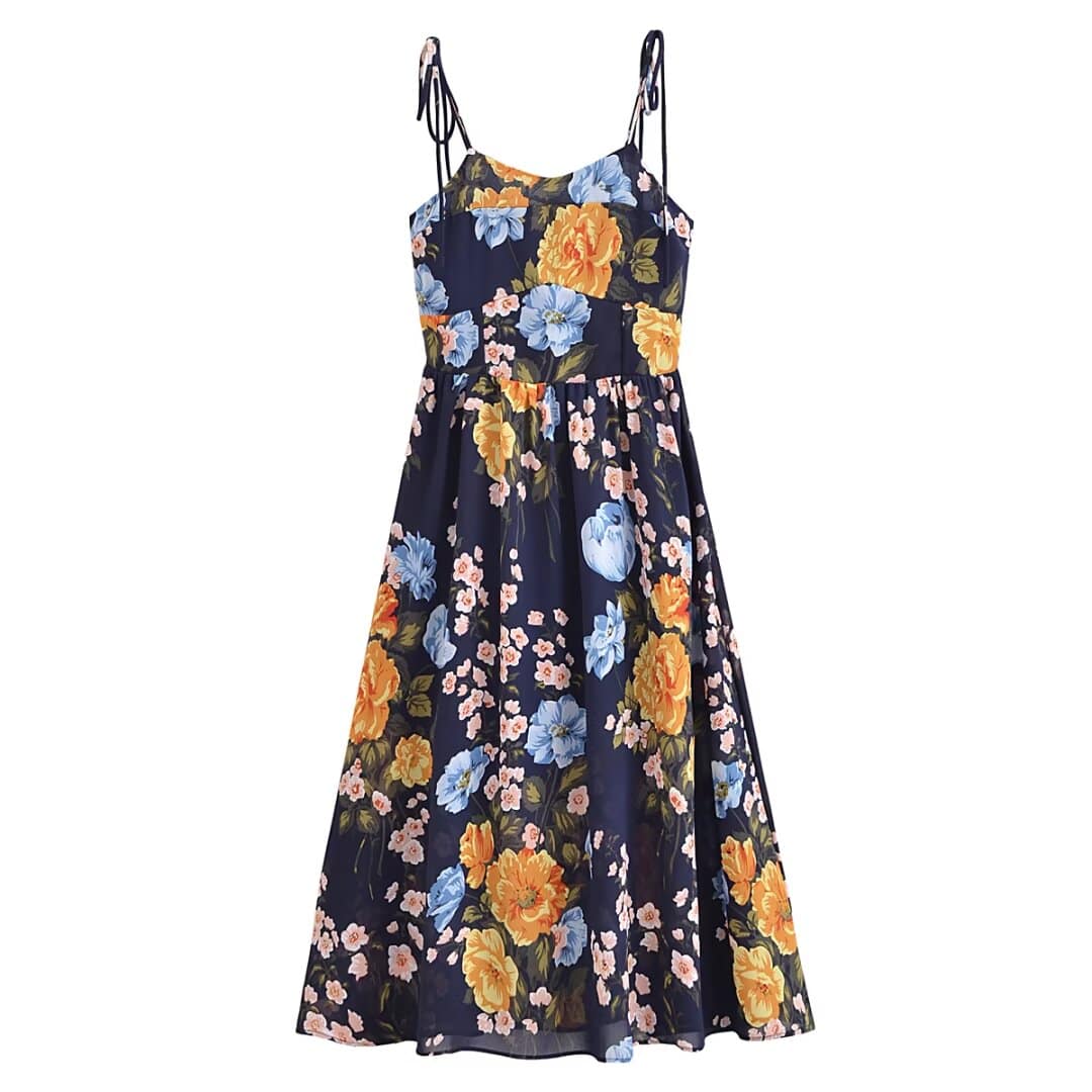 Floral Decoration Retro High Waist Midi Dress for Women    