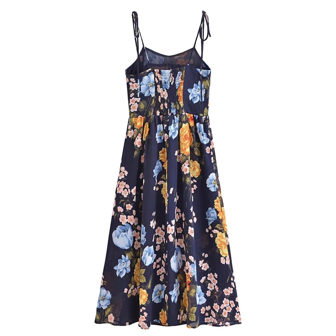 Floral Decoration Retro High Waist Midi Dress for Women    