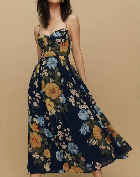 Floral Decoration Retro High Waist Midi Dress for Women    