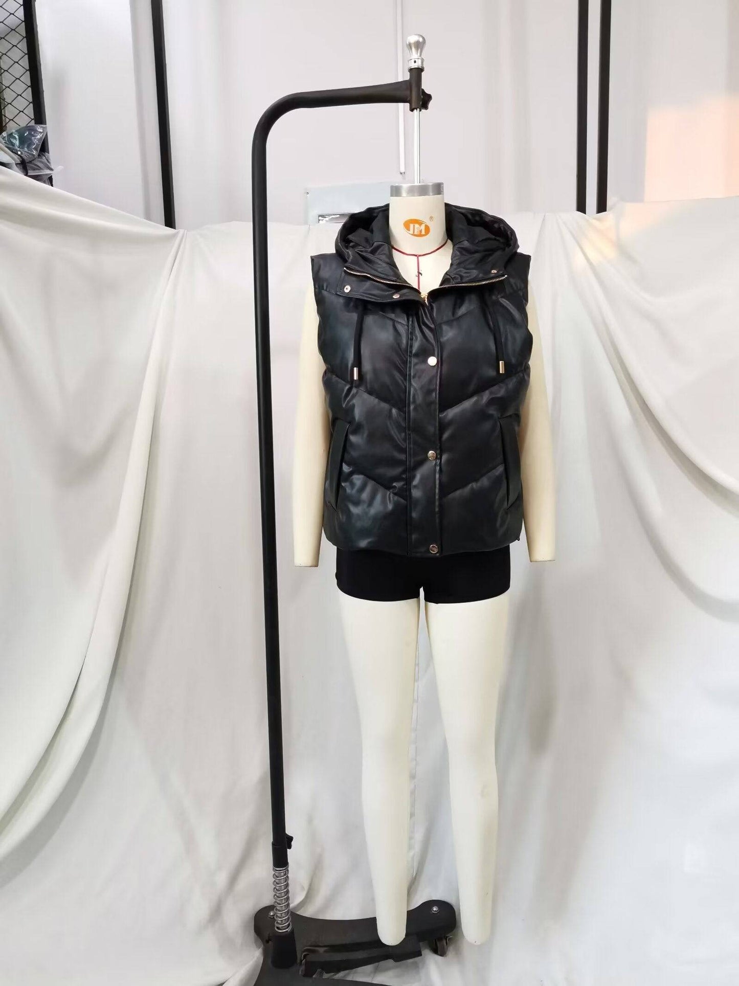 Hooded Faux Leather Jacket Vest for Women    