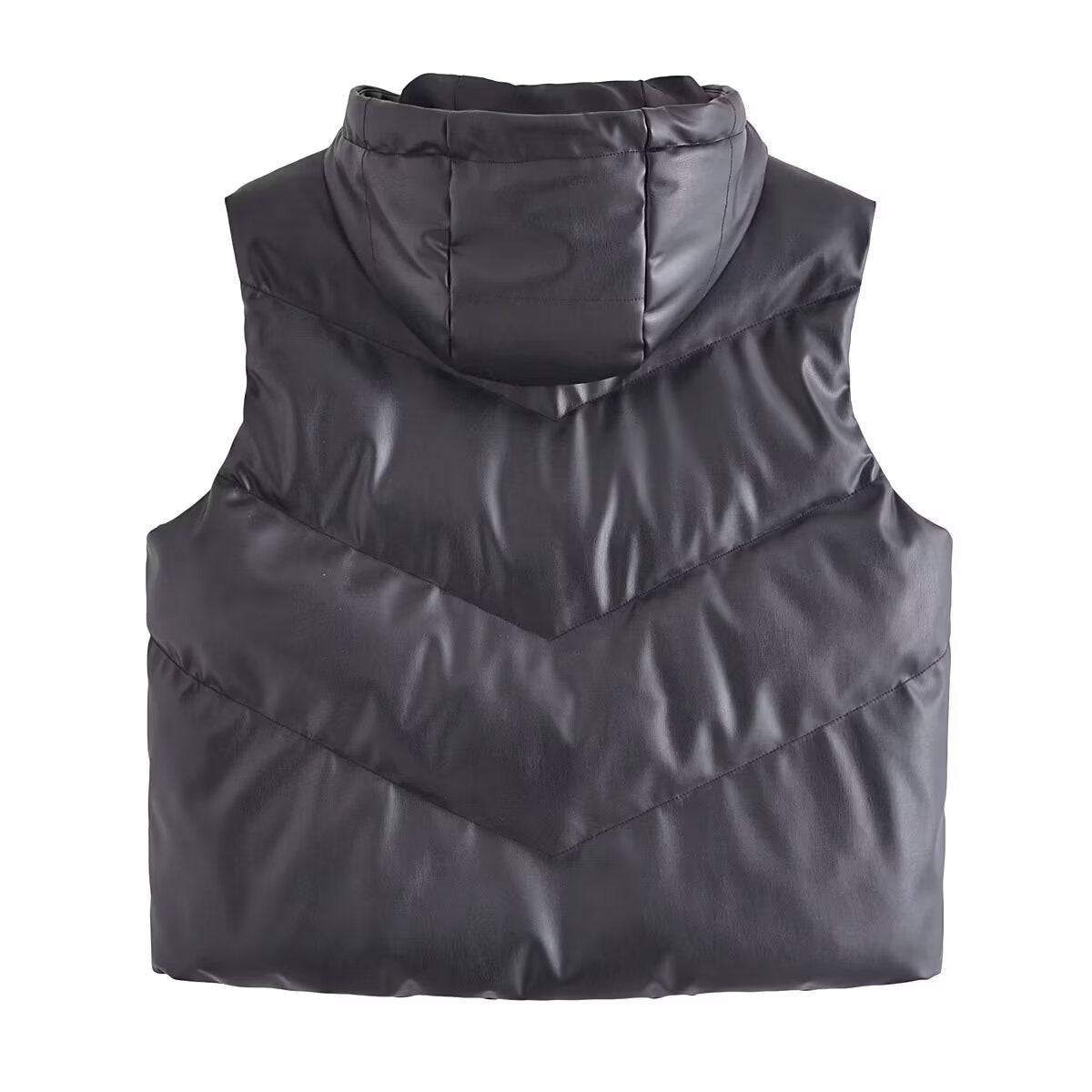 Hooded Faux Leather Jacket Vest for Women    