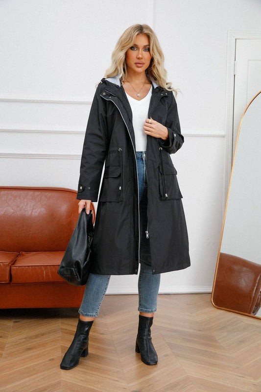 Women's Hooded Waterproof Trench Coat with Striped Lining    