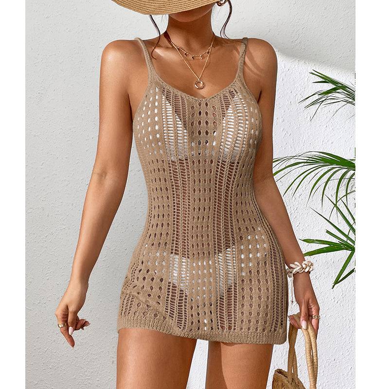 Short Knitted Texture Hollow Out Beach Camisole Dress    