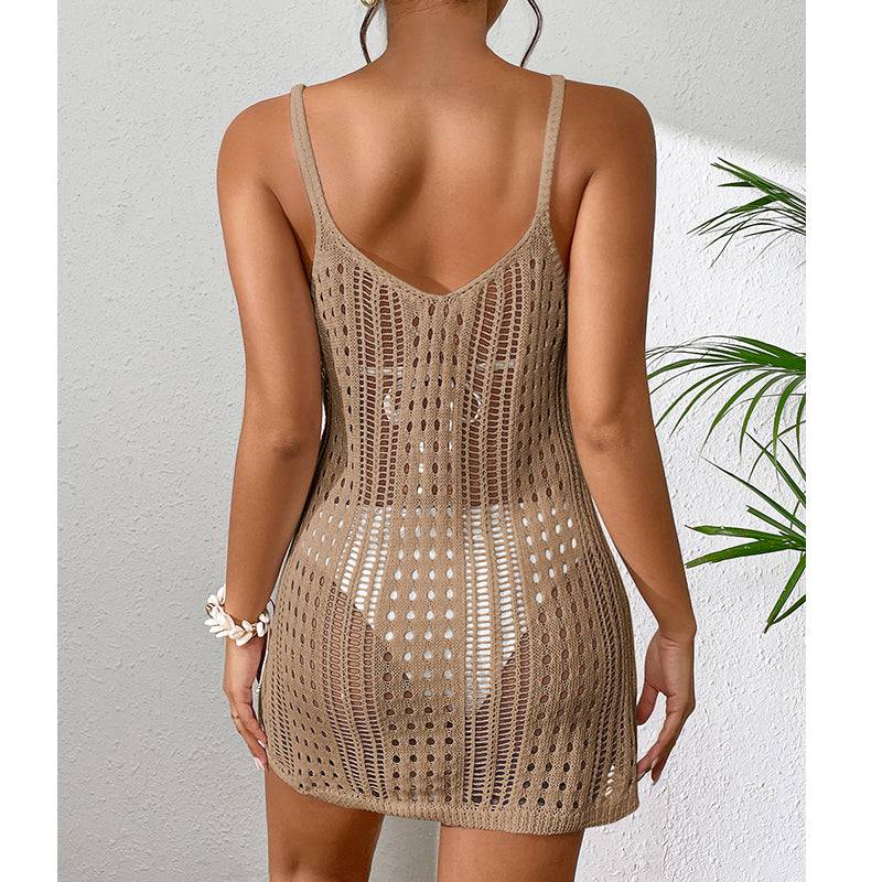 Short Knitted Texture Hollow Out Beach Camisole Dress    