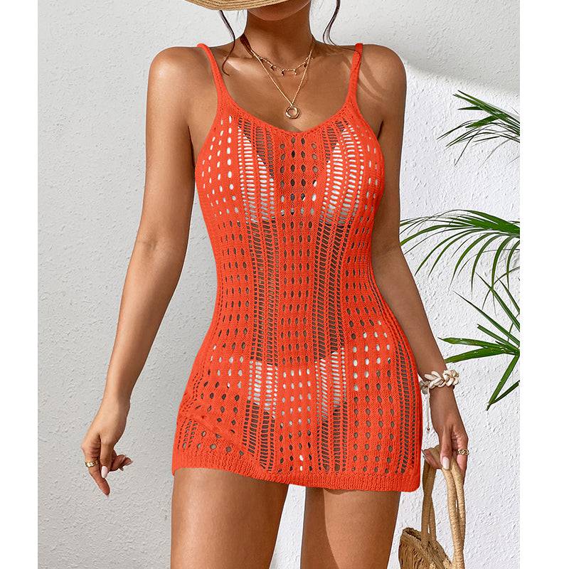 Short Knitted Texture Hollow Out Beach Camisole Dress    