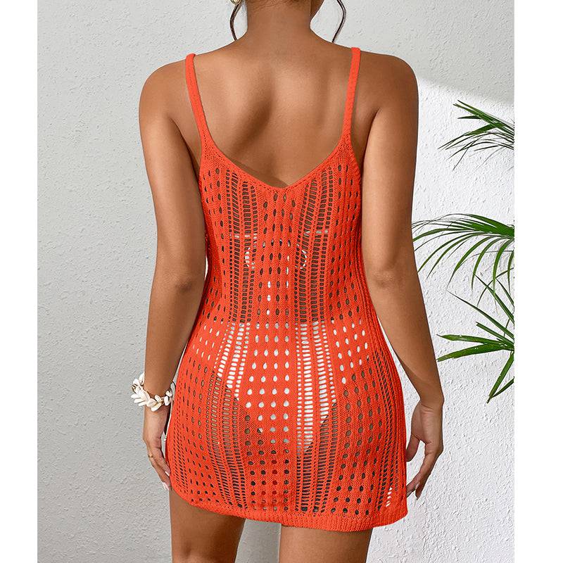 Short Knitted Texture Hollow Out Beach Camisole Dress    