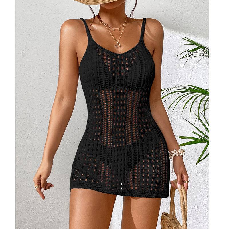 Short Knitted Texture Hollow Out Beach Camisole Dress    