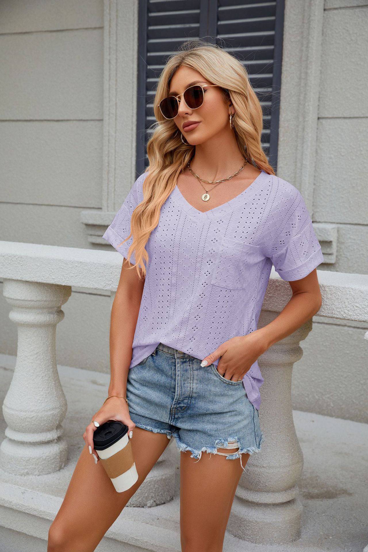 Relaxed V-Neck Short Sleeve Tee for Women    