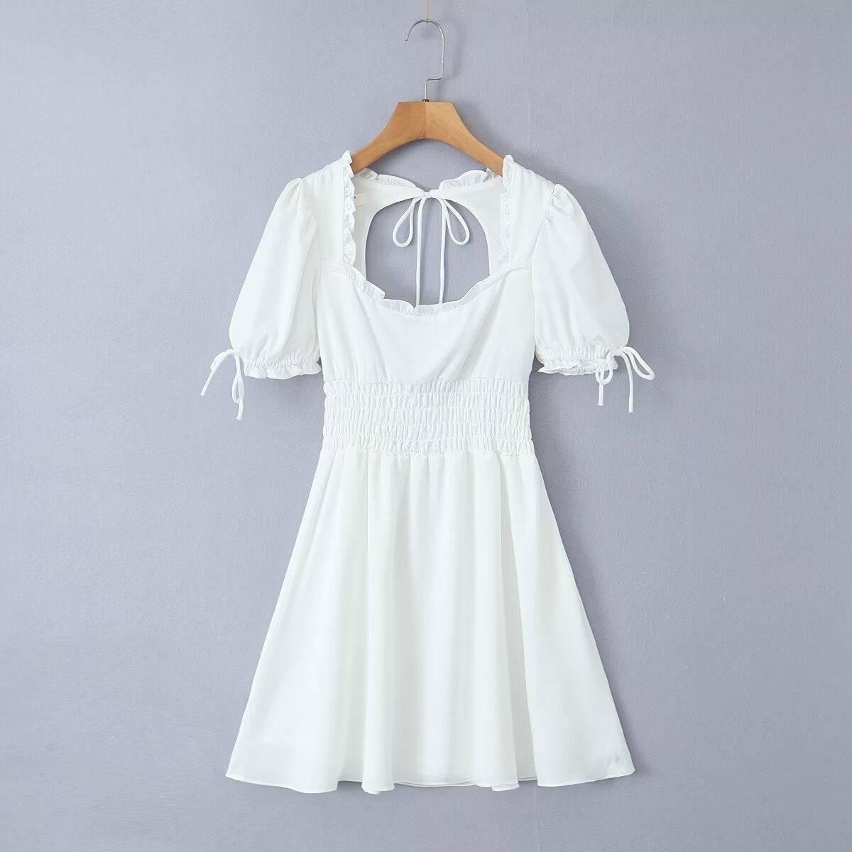 Elegant White Halter Dress with Square Collar and Backless Design    