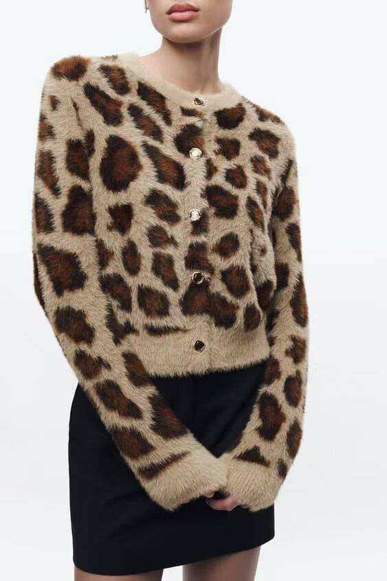 Vintage Leopard Print Sweater Coat - Stylish Polyester Animal Print Fall/Winter Outerwear    