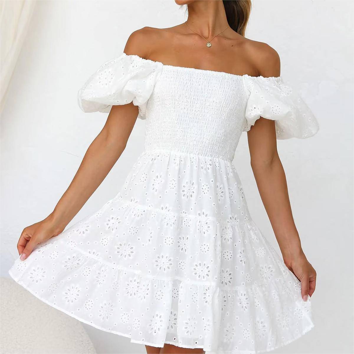 Spring Chic Embroidered Puff Sleeve A-Line Dress with Elastic Waist    