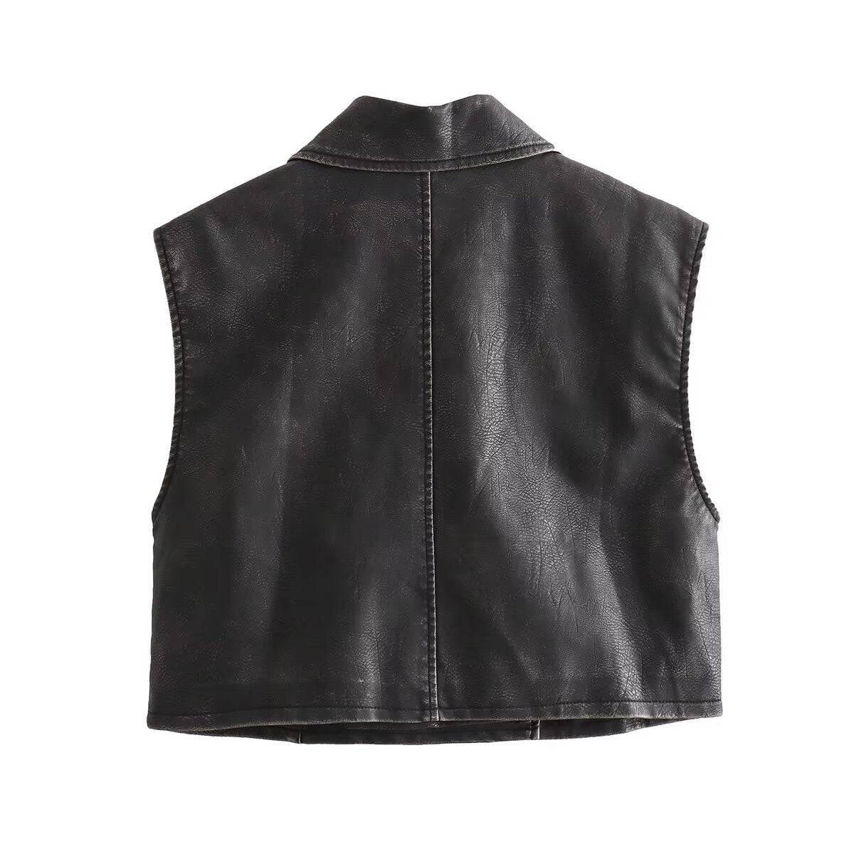 Faux Leather Zippered Vest with Pockets for Casual Wear    