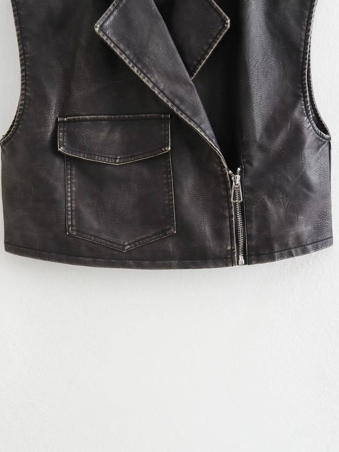 Faux Leather Zippered Vest with Pockets for Casual Wear    