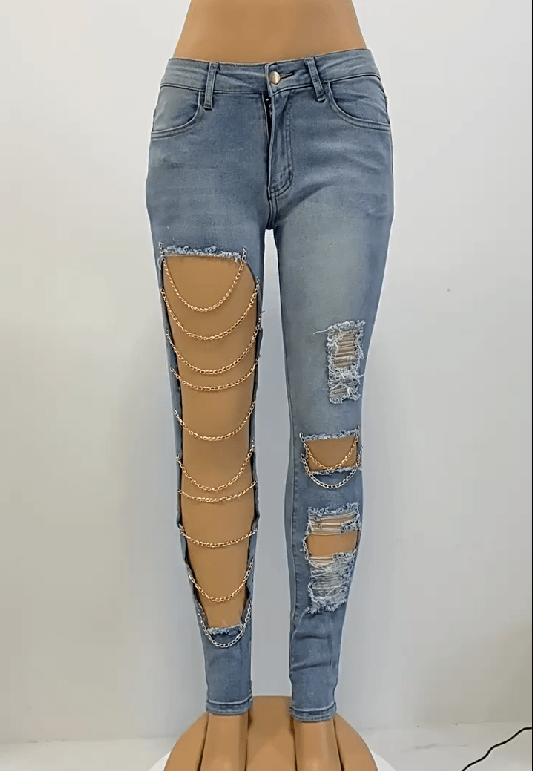 Large Ripped Slim Jeans Women Chain Ornaments Skinny Pants    