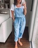 Women's Elastic Waist Denim Jumpsuit with Pockets    