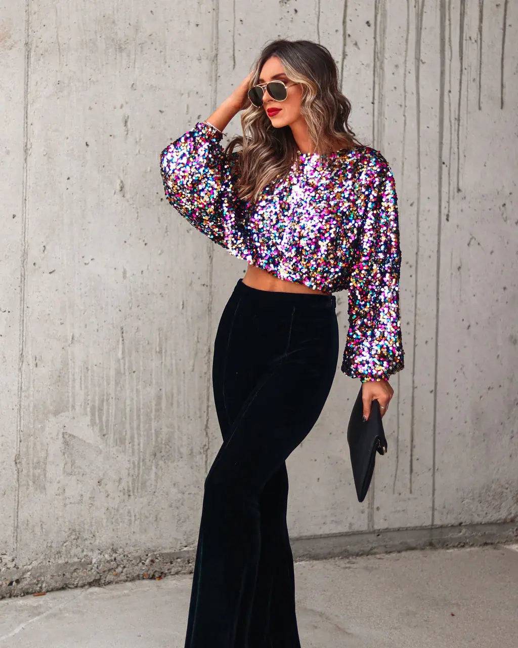 Sequin Embellished Bell Sleeve Party T-shirt for Spring Disco    