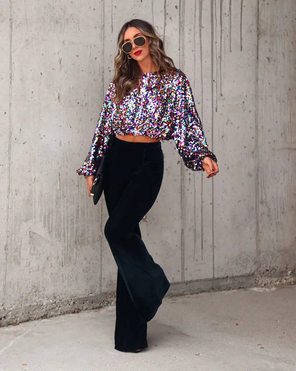 Sequin Embellished Bell Sleeve Party T-shirt for Spring Disco    