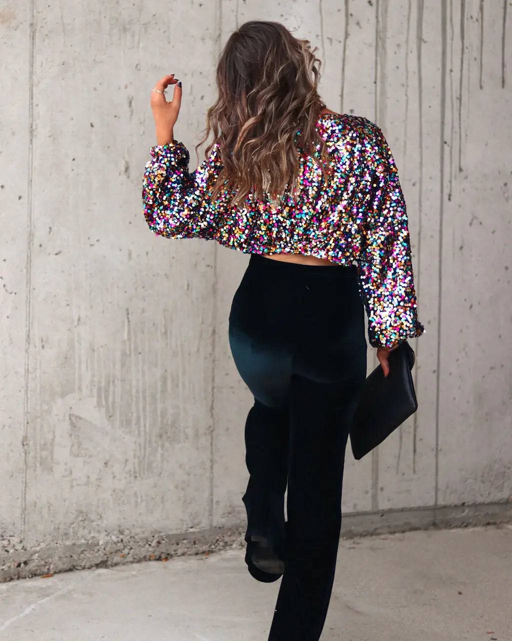 Sequin Embellished Bell Sleeve Party T-shirt for Spring Disco    