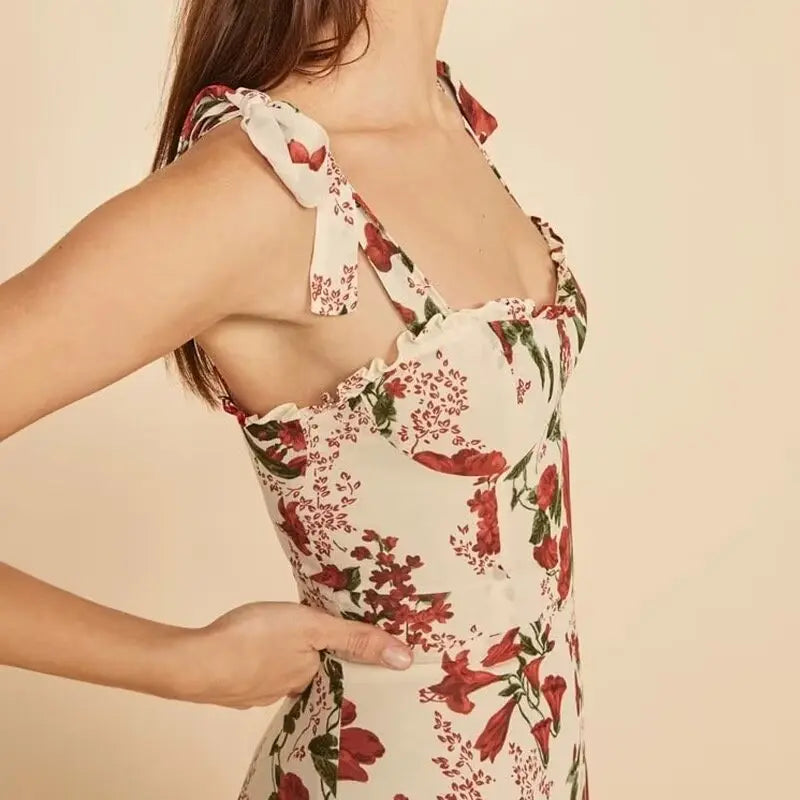 Floral Print Lace-Up Strap Boho Dress    