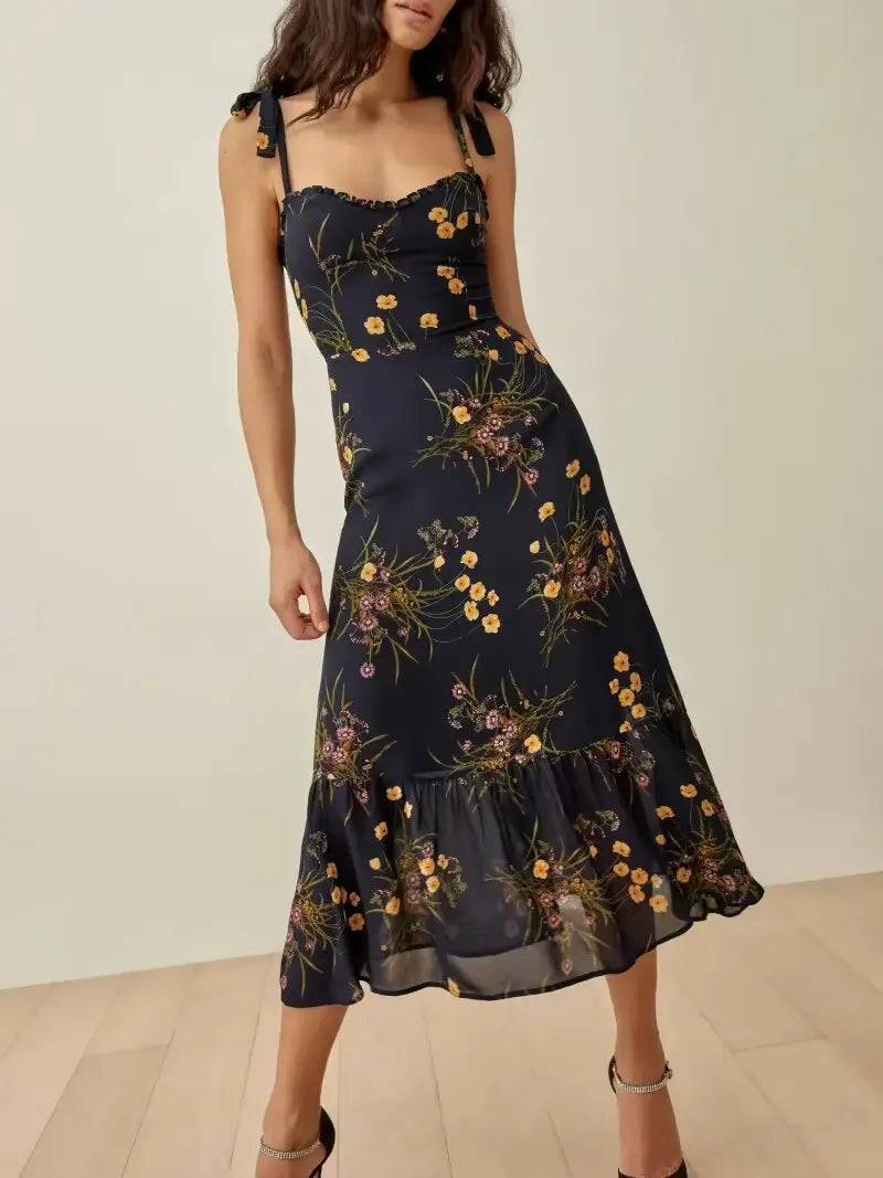 Temperamental Fairy Sweet Black Floral Midi Dress    