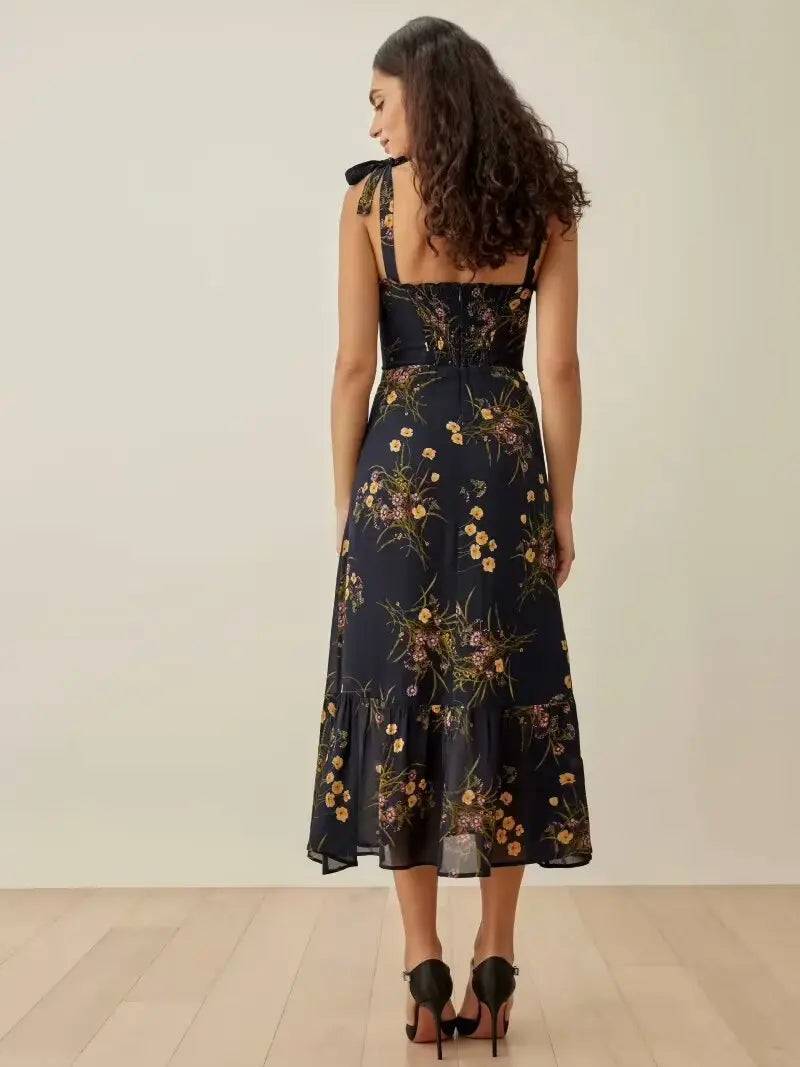 Temperamental Fairy Sweet Black Floral Midi Dress    