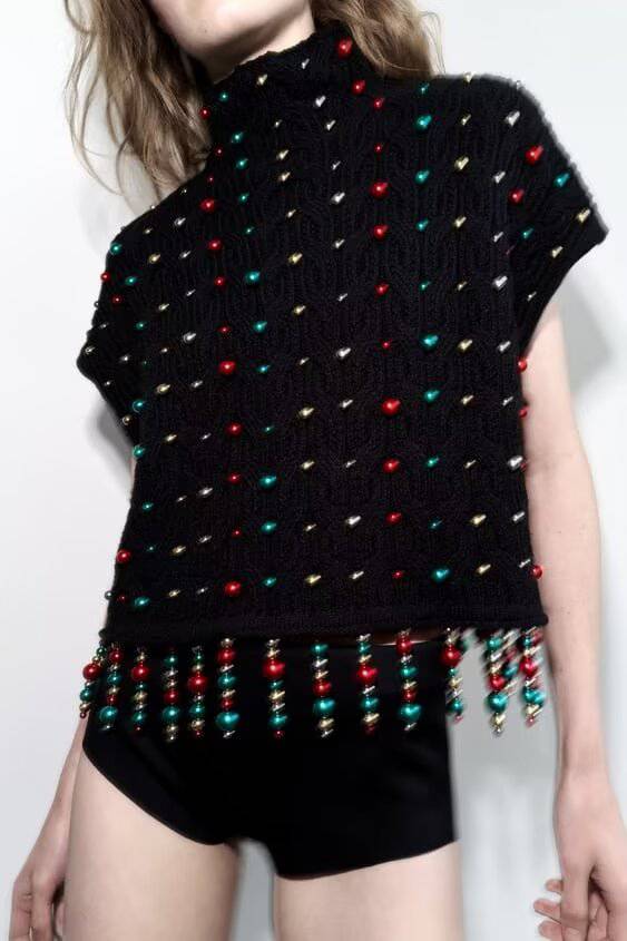 Pearl-Embellished Tassel Knit Vest for Women's Winter Fashion    