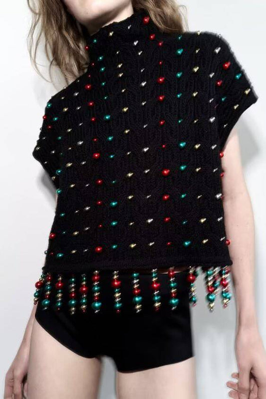 Pearl-Embellished Tassel Knit Vest for Women's Winter Fashion    