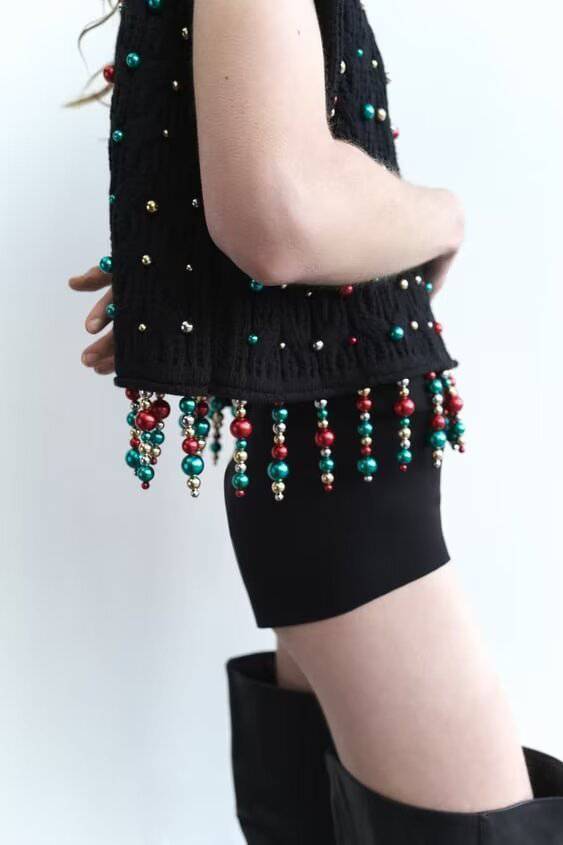 Pearl-Embellished Tassel Knit Vest for Women's Winter Fashion    