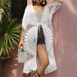 Lace Mid Length Cardigan Shawl Outer Match Sun Protection Clothing Beach Vacation Hollow Out Cutout Women Bikini Seaside Blouse Coat    