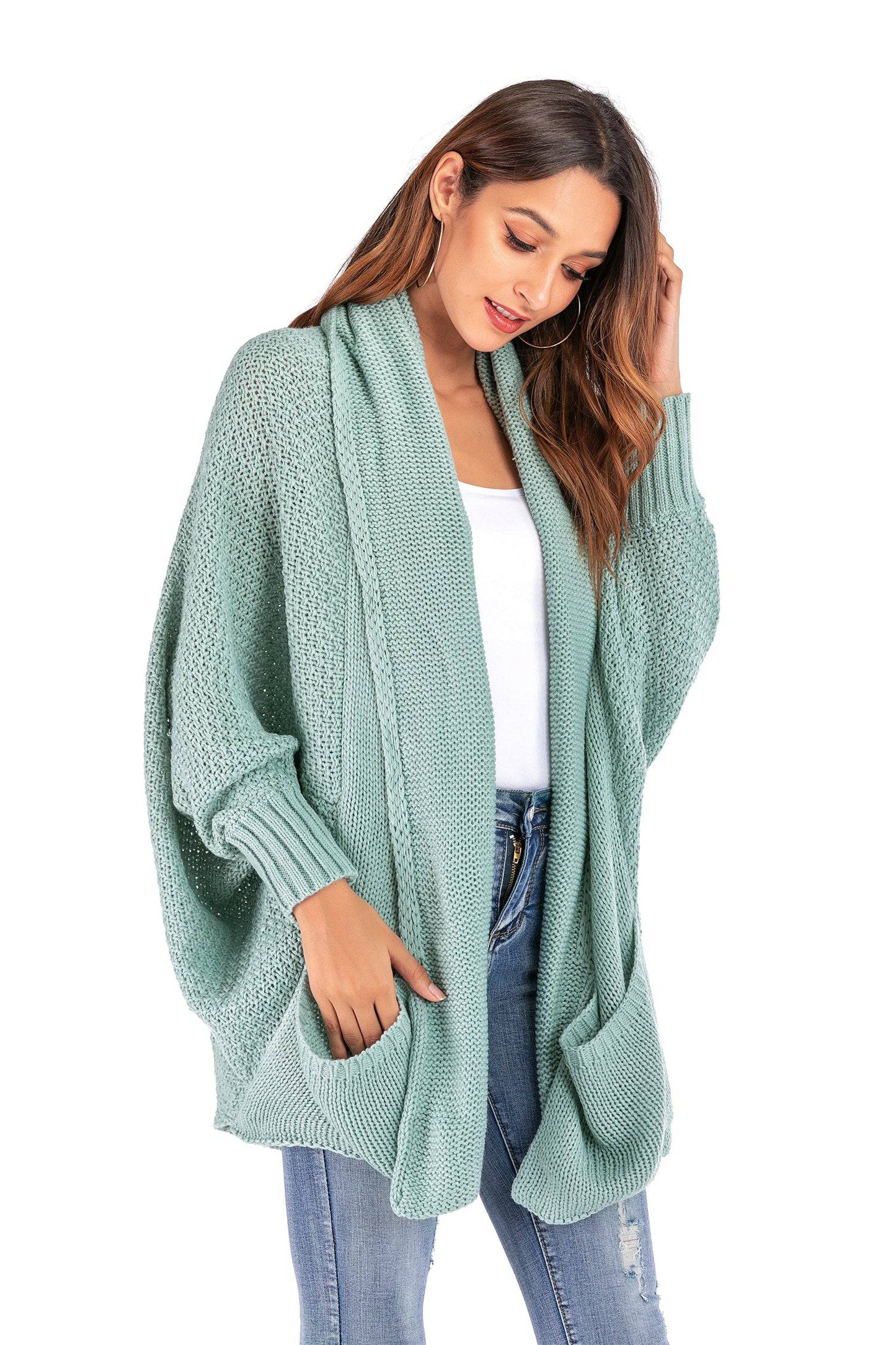 Oversized Knit Cardigan Sweater with Batwing Sleeves for Winter    